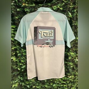 Sergio Valente Trail Drive In Graphic Camp Shirt White Blue 50s Theme Mens Small